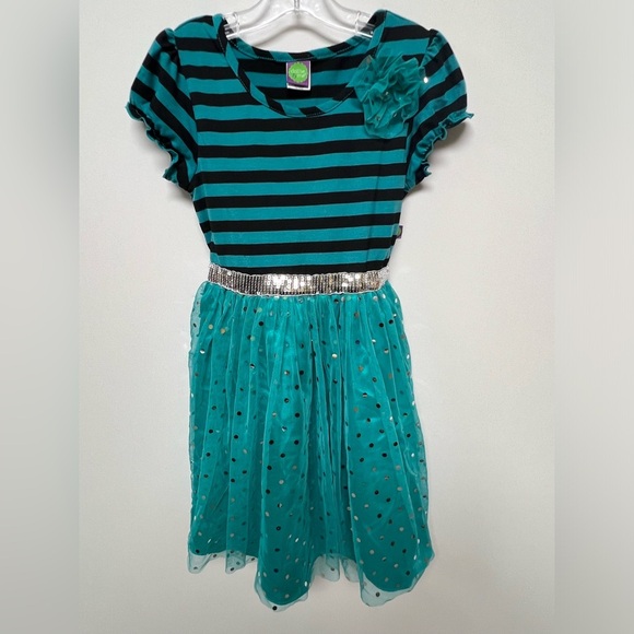 DOLLIE & ME GIRLS SPARKLE PARTY DRESS SIZE 8. TURQUOISE AND BLACK - Picture 1 of 7